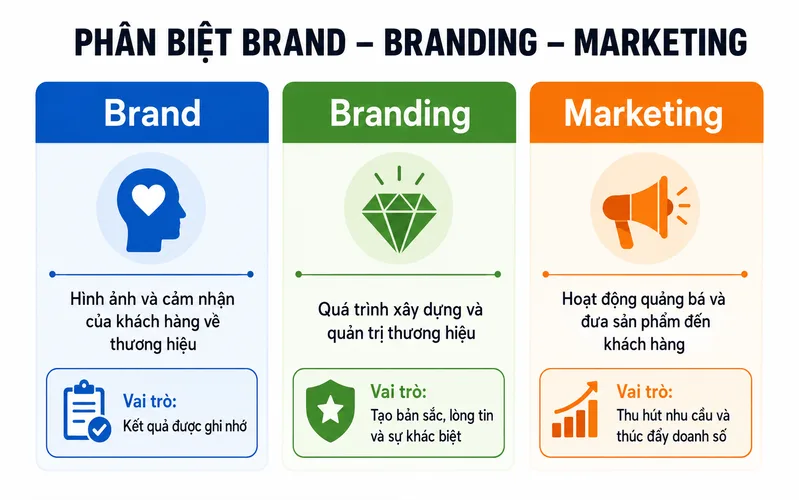 Brand là điều khách hàng ghi nhớ, branding là quá trình xây dựng bản sắc, còn marketing giúp doanh nghiệp tiếp cận và thúc đẩy nhu cầu.