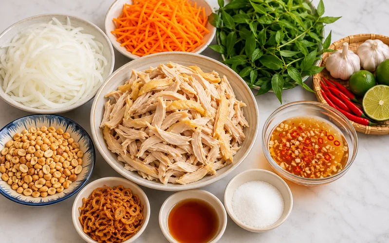 Nguyên liệu chính gồm thịt gà, rau củ, rau thơm và nước trộn chua ngọt