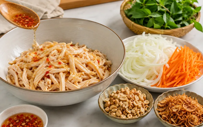 Trộn nguyên liệu đúng thứ tự giúp cách làm nộm gà xé phay đậm vị mà không chảy nhiều nước