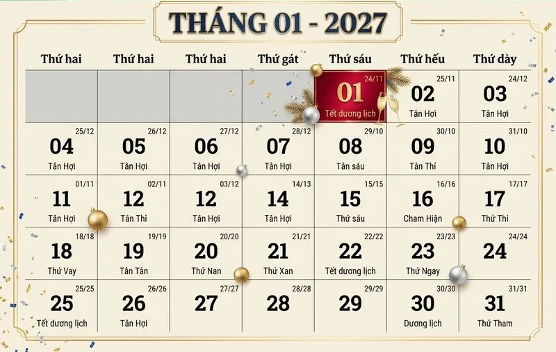Tết Dương lịch 2027 rơi vào thứ Sáu, thuận lợi tạo kỳ nghỉ ba ngày với người nghỉ cuối tuần