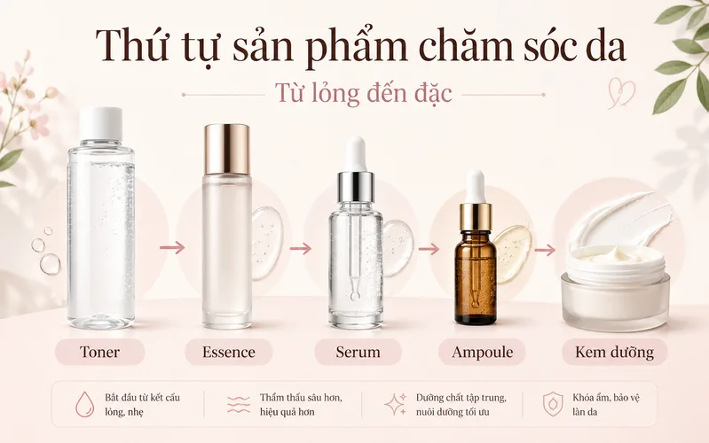 Serum khác toner, essence và kem dưỡng về kết cấu, vai trò và vị trí sử dụng trong chu trình chăm sóc da.