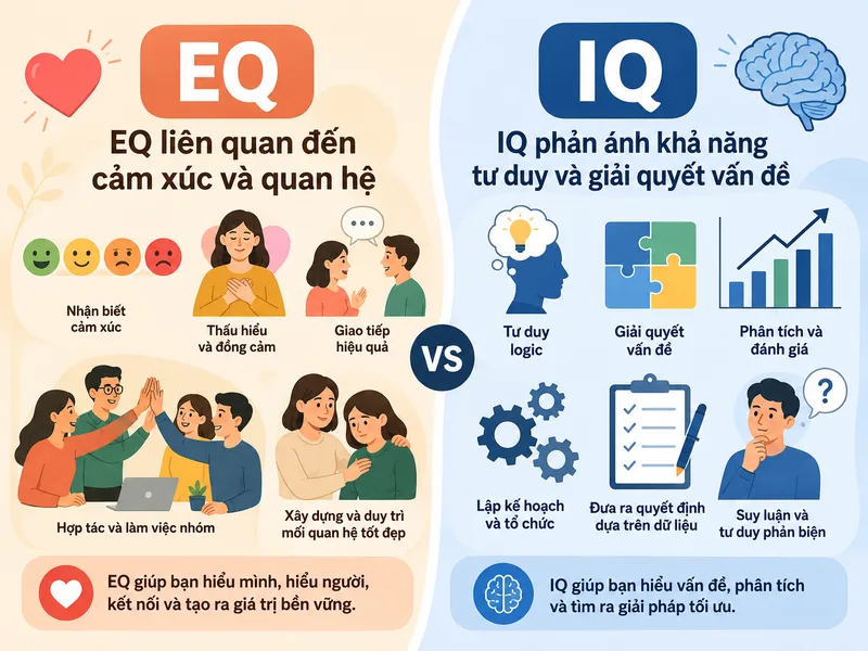 EQ liên quan đến cảm xúc và quan hệ, trong khi IQ phản ánh khả năng tư duy và giải quyết vấn đề