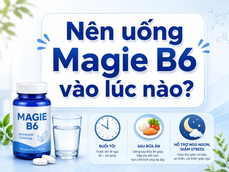 Nên uống Magie B6 vào lúc nào phụ thuộc vào hướng dẫn sản phẩm, khả năng dung nạp và lịch sinh hoạt của mỗi người.