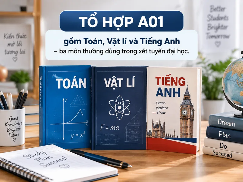Tổ hợp A01 gồm Toán, Vật lí và Tiếng Anh – ba môn thường dùng trong xét tuyển đại học.