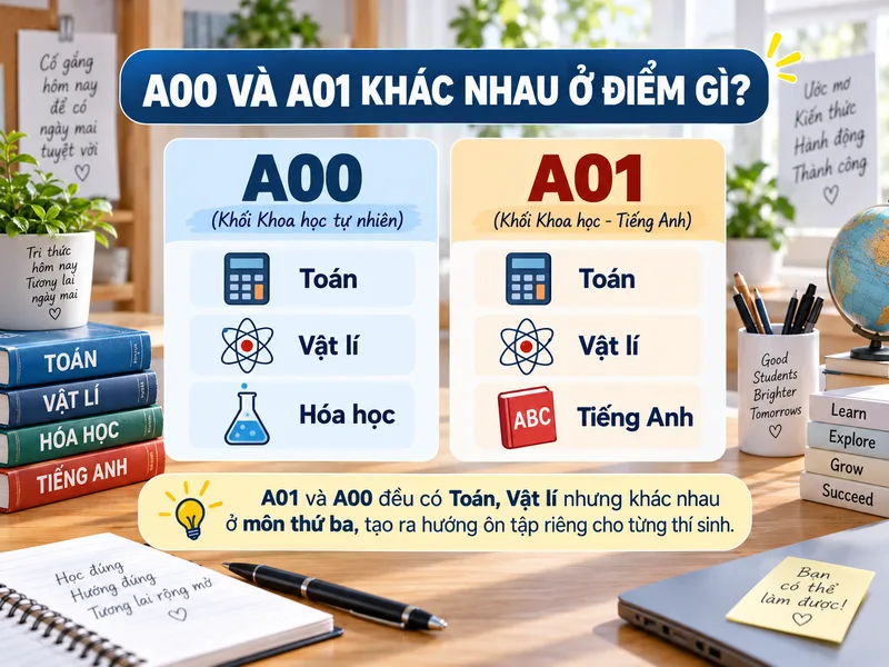 A01 và A00 đều có Toán, Vật lí nhưng khác nhau ở môn thứ ba, tạo ra hướng ôn tập riêng cho từng thí sinh.