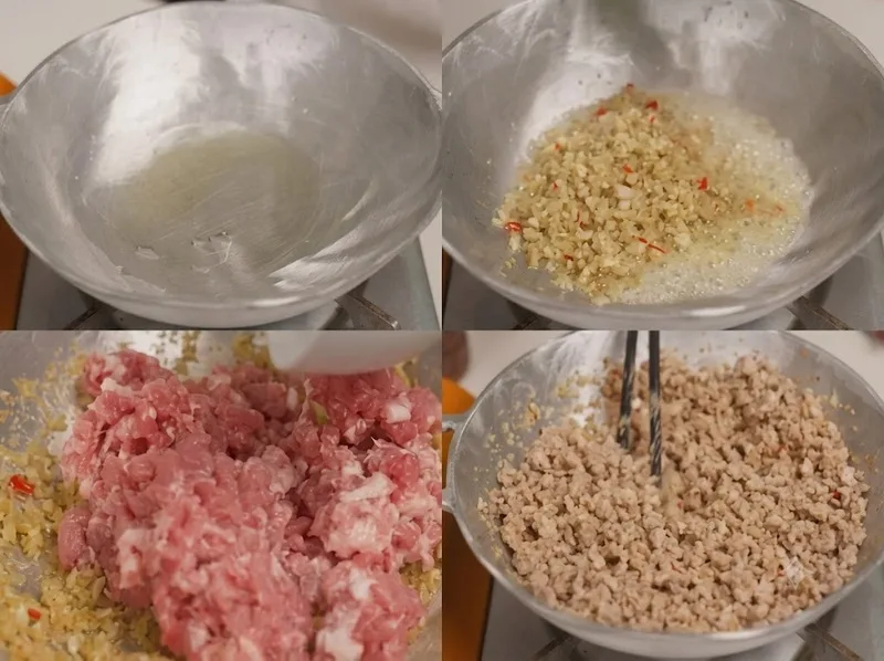 Thịt được ướp cùng mắm tép và gia vị để thấm đều hương vị trước khi chưng.