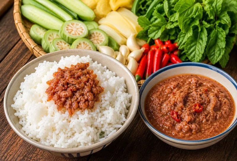 Thịt chưng mắm tép kết hợp cùng cơm nóng và rau luộc tạo nên bữa ăn hấp dẫn.